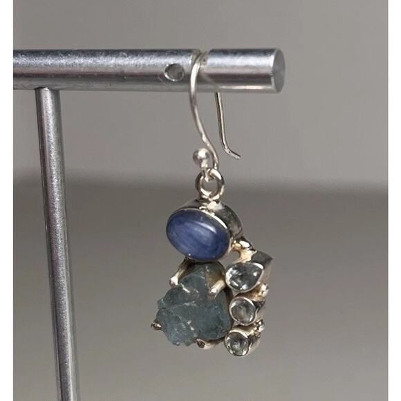Sterling Silver 925 Earrings Rough Aquamarine Blue Topaz & Kyanite Hook Dangle - Picture 9 of 16